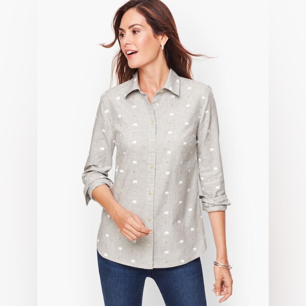 Talbots Light Gray with Polar Bears Button-Down Cotton Shirt Size PL